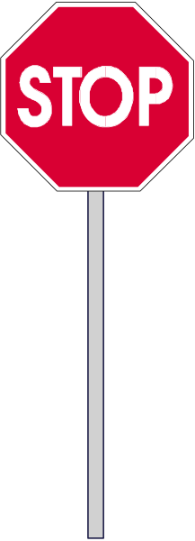The image shows a stop sign on top of an upright pole with stripes at its base against a gray background.