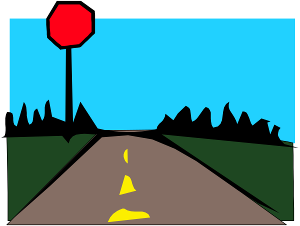 The image shows a cartoon depiction of an intersection with two roads converging at it; there is no traffic on either road but one has yellow lines indicating caution for drivers to stop if necessary due to possible cross-traffic, and both have red signs that say "STOP" in white letters.