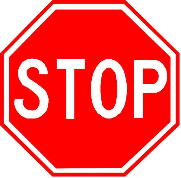 The image shows a red stop sign with white lettering against a black background on top of another identical stop sign below it in an overlaid fashion.