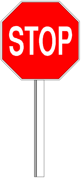 The image shows a stop sign on top of a pole with stripes at its base against an indistinct background that appears to be outdoors during daylight hours.