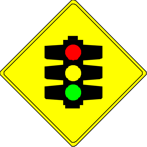 The image shows a yellow road sign with red traffic lights on it next to another similar but smaller version of itself without any traffic light symbols in black background.