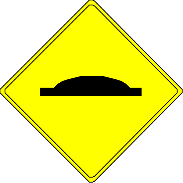 The image shows a black background with three yellow road signs: two diamond shaped ones on top of each other indicating an upcoming curve in traffic flow (roundabout), and one rectangular sign below them showing a car driving through it, suggesting that vehicles can pass under this roundabout without stopping or changing lanes.
