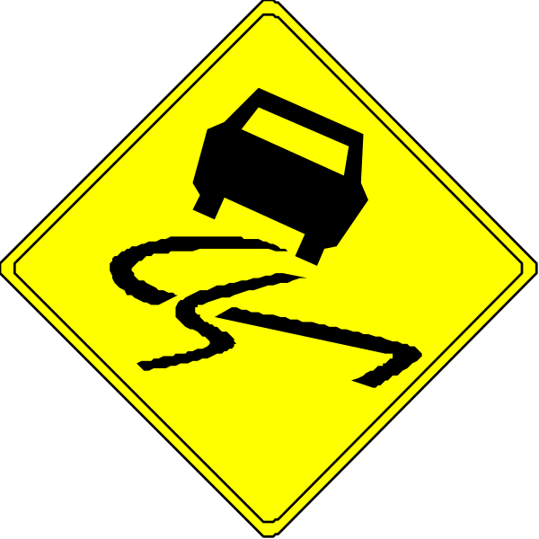 The image shows a yellow road sign with black text indicating caution for slippery roads due to rainfall conditions ahead; it is accompanied by two smaller signs depicting car skid marks on wet pavement, suggesting potential hazards of hydroplanation or loss of traction in such weather.