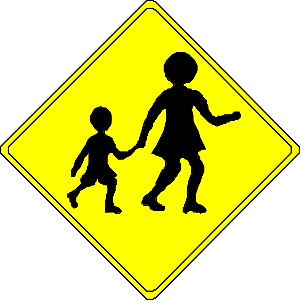 The image shows a yellow diamond sign with black silhouettes of two adults walking hand in hand while holding hands with their child who is also depicted as being held by one adult's arm.