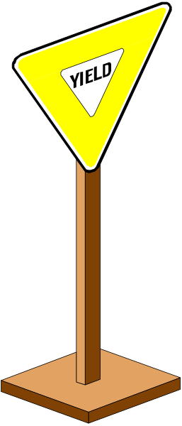 The image shows a yellow directional sign on top of an orange stand against a dark background with no other discernible elements present in this small clip-art illustration.