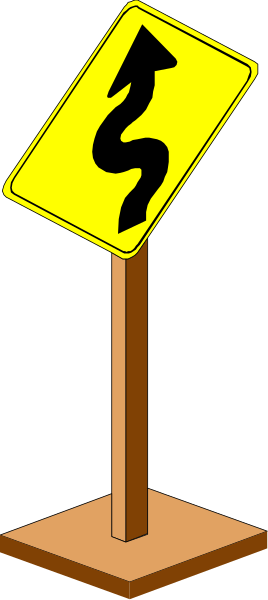 The image shows a yellow road sign with an arrow pointing to its right on top of a wooden stand against a dark background.