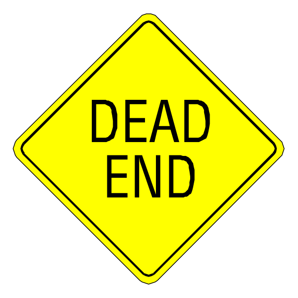 The image shows a yellow diamond sign with black text that reads "DEAD END" on it against a dark background.