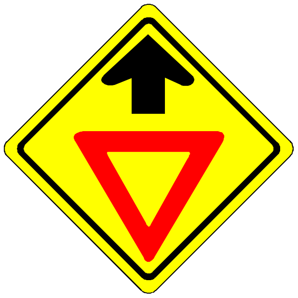 The image shows a yellow diamond sign with an arrow pointing upwards inside it on top of another red triangle-shaped traffic warning sign that has two arrows forming a Y shape below it against a black background.