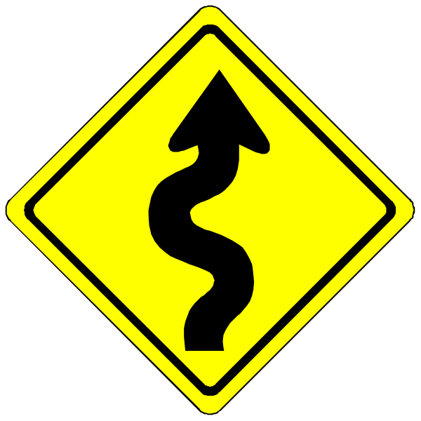 The image shows a black arrow pointing upwards on top of two yellow signs with white borders; each sign has an icon representing road directional guidance (left turn) in one case and right lane change in another, indicating that there is no left-turn restriction ahead but drivers should be aware they are entering the correct lanes for their intended destination.