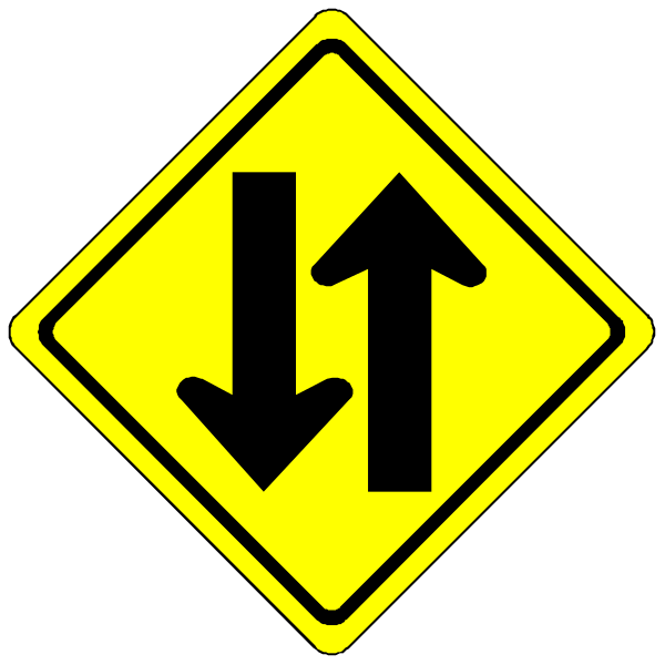 The image shows a black arrow pointing upwards next to two yellow road signs with white arrows indicating left turns only; there is no text present in this clip-art representation of traffic signage.