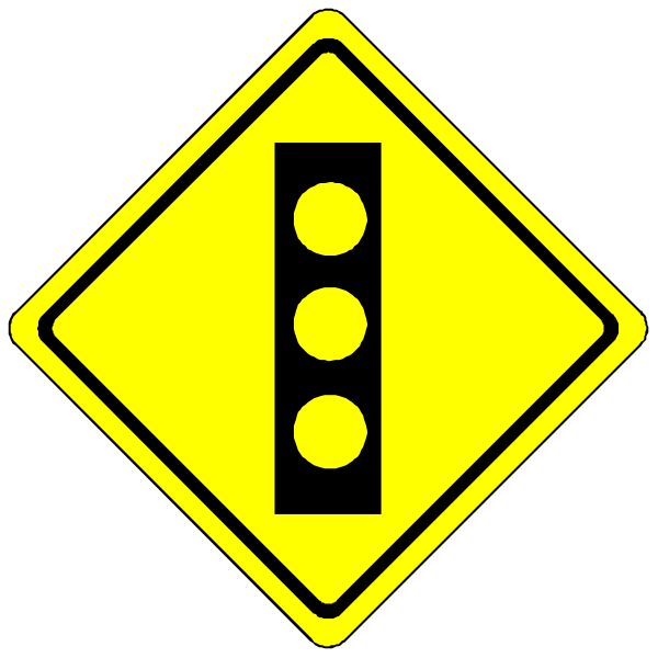 The image shows a yellow diamond sign with three black dots on it connected by lines to form an arrow pointing rightward above another similar but smaller sign below that also has four black dotted circles in its center, indicating parking spaces and direction of travel respectively.