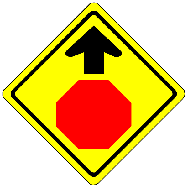 The image shows a black arrow pointing upwards on top of two yellow signs with red symbols; there is no text present in this clip-art illustration.