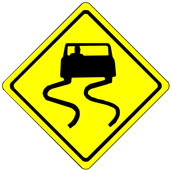 The image shows a yellow road sign with black text indicating an upcoming curve to the right accompanied by two smaller signs: on top is one depicting a car skidding around a bend in white lines; below it, another warns of construction work ahead indicated by orange cones and a truck symbol.