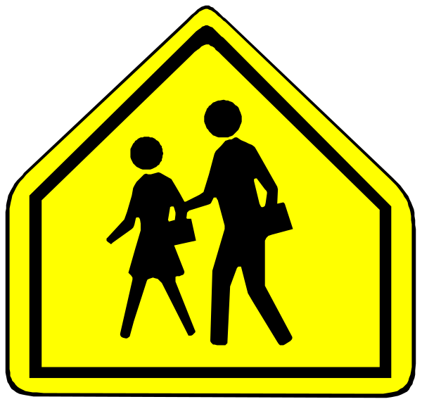 The image shows a yellow pedestrian crossing sign with two figures walking on it; to its right is another smaller black-and-white clip of an adult holding hands with a child while also carrying books in their arms, indicating that this could be part of school dropoff or pickup routine.