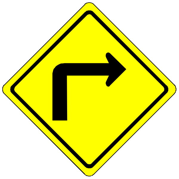 The image shows a black arrow pointing to its right with an accompanying yellow sign that has two arrows on it; above is a left-pointing arrow indicating "left turn" and below is a straight line, suggesting no lane change required in this direction.