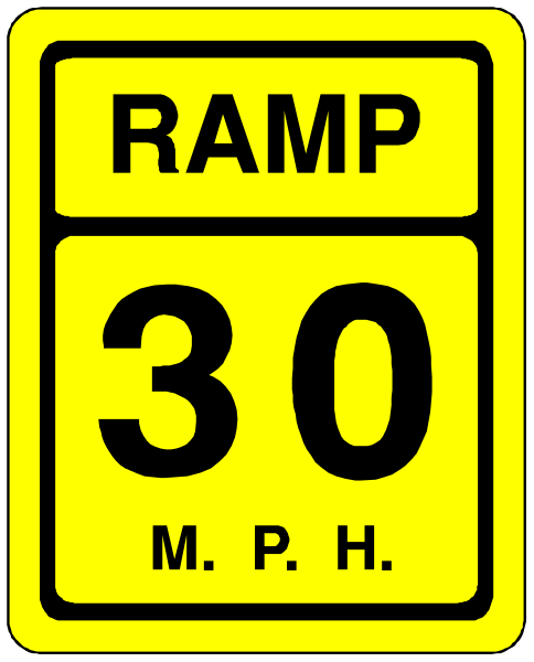 The image shows a yellow speed limit sign with black text indicating "Ramp 30" on it. It is placed against an unidentified background that does not provide any additional context about its location or surroundings. There are no other objects, people, animals, actions, or settings visible in the clip-art image provided. The focus of this description will be solely on the speed limit sign and its content without considering artistic elements such as style or color scheme.