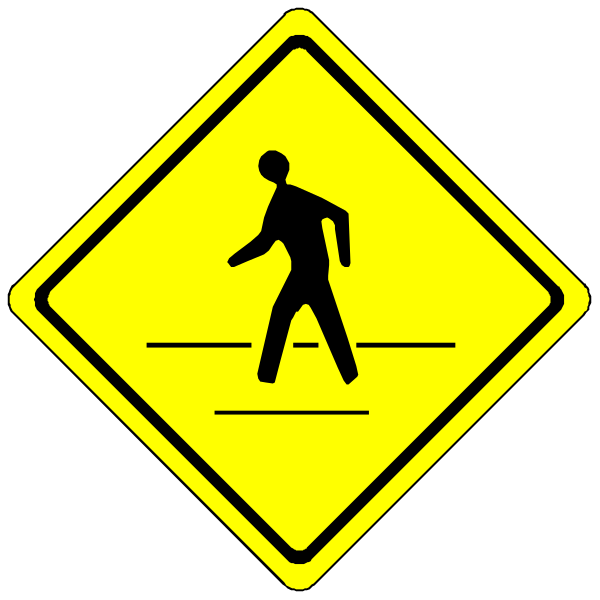 The image shows a yellow diamond sign with two smaller signs inside it: on top is an icon of a person walking across a street; below that is another symbol indicating crossing paths (a merging pathway).