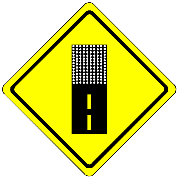 The image shows a yellow road sign with black text indicating "Road Work Ahead" on top of it, followed by an icon depicting construction equipment like a jackhammer in front of which is a small white line representing caution for drivers to slow down or stop due to the ongoing work.
