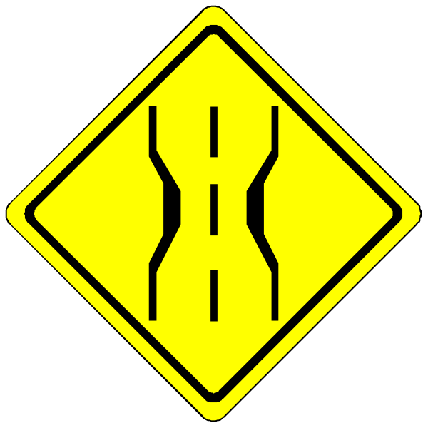 The image shows a black road sign with yellow text that reads "Road Work Ahead" on top of another smaller sign depicting two parallel lines indicating lane closures ahead.