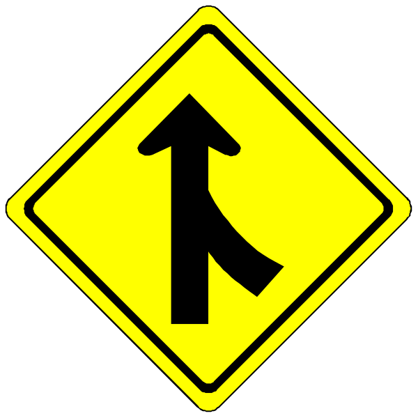 The image shows a yellow diamond sign with an arrow pointing upwards to its right side, indicating that it is safe for vehicles on this roadway; next to it there's another smaller black-and-white traffic sign depicting two arrows forming a circle and connected by a line in the middle.