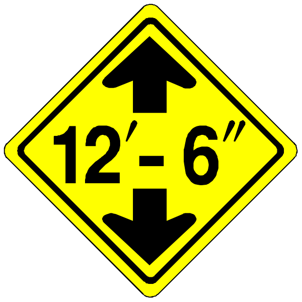 The image shows a black sign with yellow text indicating that it's an 12 foot long road sign for lane width restrictions in two directions: one direction is marked as "10-6" feet wide, and another direction has no specific length restriction indicated by arrows pointing upwards to the left. There are also symbols of a car on both sides with numbers indicating their respective lengths (the right side symbolizes 2 cars). The sign appears to be placed in an urban setting as it is mounted above what seems like street signs or markings, but no specific details about these elements