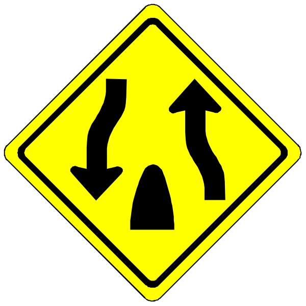 The image shows a black background with two yellow road signs on it: an arrow sign pointing to both sides of another traffic sign that has been altered by adding arrows around its edges in white coloring.