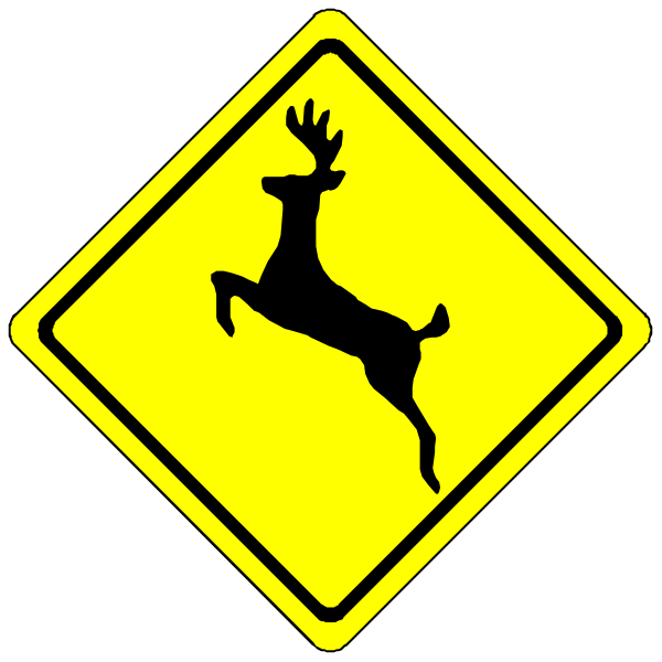 The image shows a black background with two yellow diamond warning signs featuring white silhouettes of deer running across them on either side; between these images is an arrow pointing to the right indicating directionality.