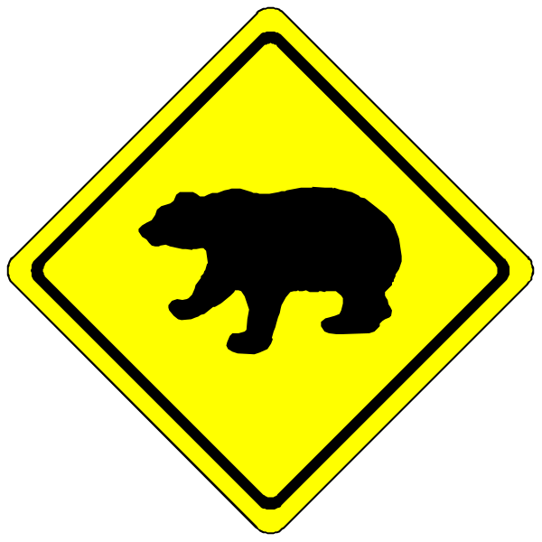 The image shows a black bear crossing sign with an arrow pointing to it from above on a yellow background within two diamond-shaped signs that resemble road hazard warnings; these diamonds have white borders and contain symbols of bears, indicating caution for drivers in areas where there might be wildlife crossings or encounters.