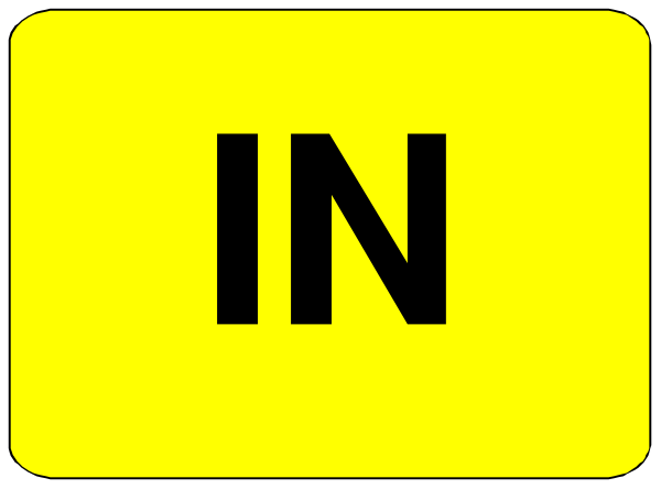 The image shows a yellow sign with black text that reads "IN" on it against an unrelated background of what appears to be a gray surface.