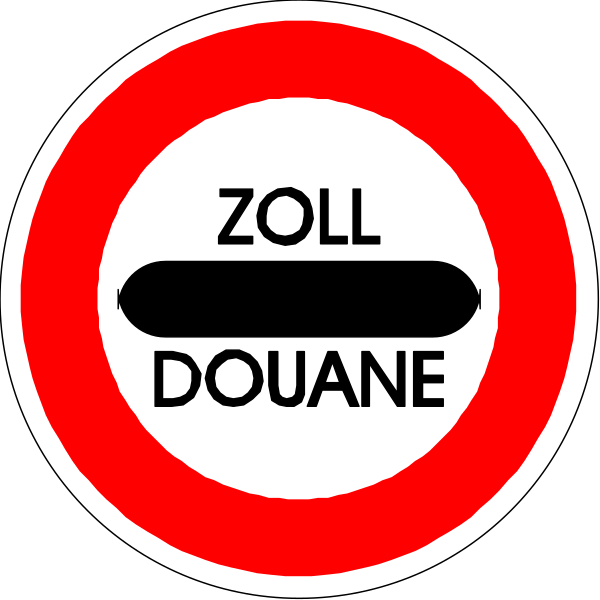 The image shows a red circular sign with white text that reads "ZOŁL DONEJ" at its center, indicating it is in Poland; above this central wording there's another phrase "DOUANE," which translates to 'custom,' and below are two additional words: one on the left side of the circle says "zoll" (German for customs) followed by a line that connects with an arrow pointing right, indicating direction; next to it is the word "douane." The sign has three red circles around its perimeter.