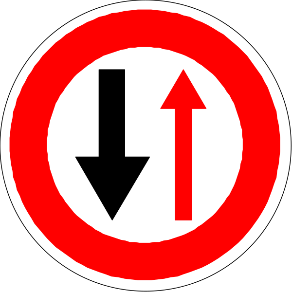 The image shows a red circular sign with an arrow pointing downwards inside it next to two other signs: on top is another round sign indicating no parking (a symbol of a car crossed out), below that is a rectangular sign depicting an upward-pointing white arrow, and at the bottom right corner there's a black circle containing three red arrows forming a triangle.