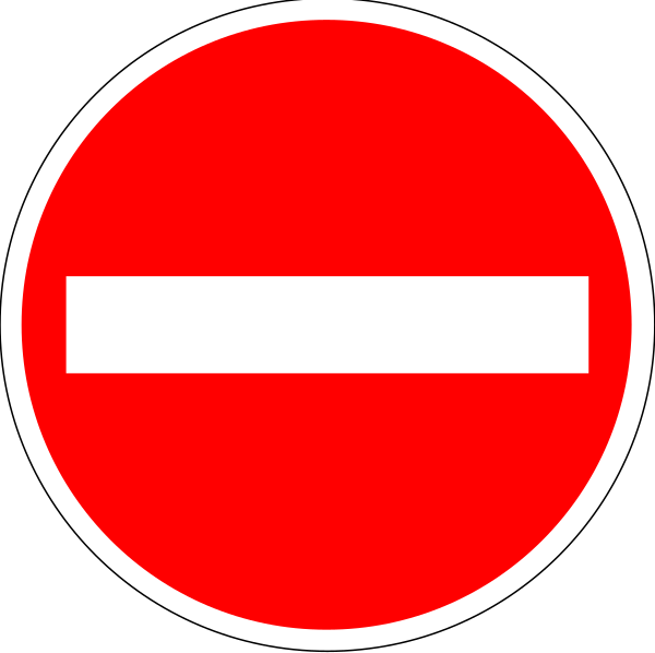 The image shows a red circular sign with white border featuring an arrow pointing to its right side inside it, indicating "no entry" restriction; in front of this sign is another smaller round sign that has two arrows forming a circle and appears to be forbidding or prohibiting something due to the crossed-out nature.