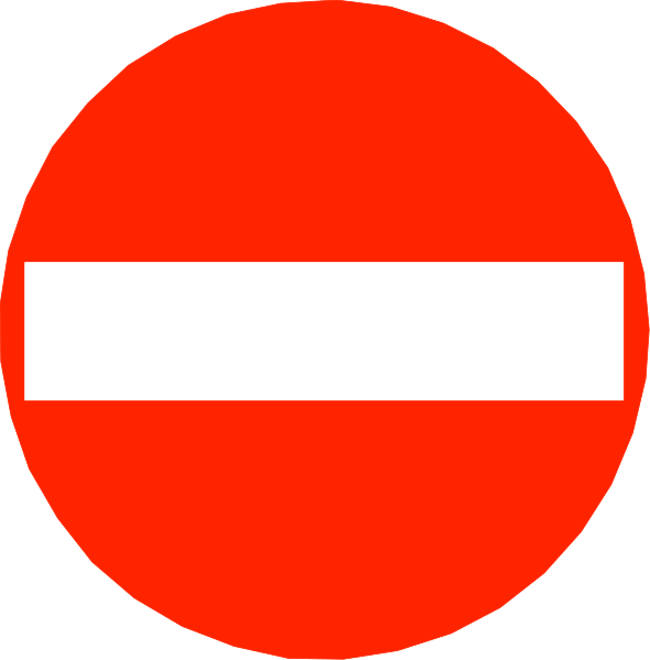 The image shows two red circular signs with a white line through them on either side of an arrow pointing to another sign that is also round but has no circle around it; this central sign displays only one half-circle, and there's text inside indicating "Do Not Enter."