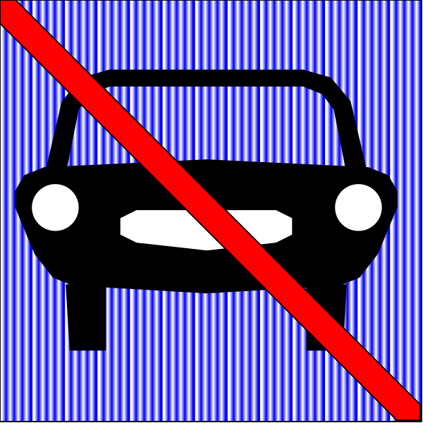 The image shows a blue sign with white text that reads "No Parking" next to an icon of a car being towed away by two trucks on either side.