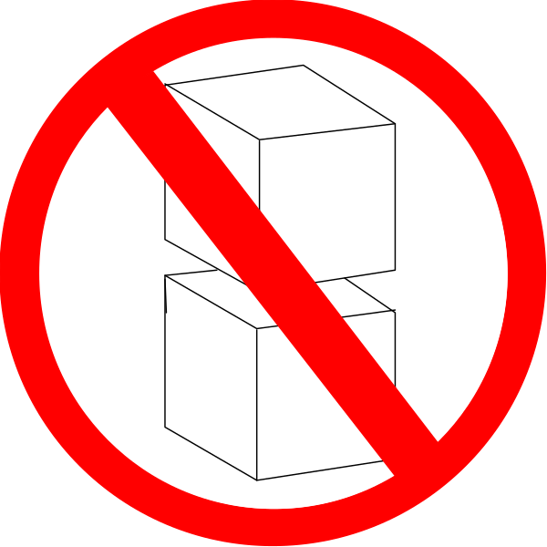 The image shows a red circle with an exclamation mark inside it on top of two stacked boxes that have been crossed out by a diagonal line through them.