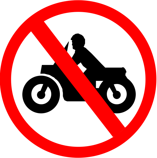 The image shows a red circle with two signs inside it: on top left is an icon of a motorcycle crossed out by a diagonal line through it; below right features another sign indicating "no parking" next to an illustration of a person riding a scooter or moped, and both are set against the backdrop of what appears to be street art.