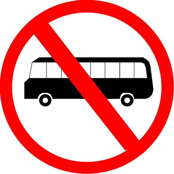 The image shows a red circle with two signs inside it: on top left is an icon of a bus crossed out by a diagonal line through its center; below that to right is another sign indicating "No Buses" and has a picture of a car next to it, also marked as not allowed.