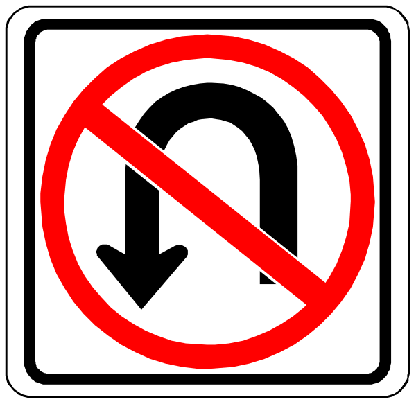 The image shows a no U turn sign with an arrow pointing to its right side indicating that it is illegal for vehicles to make such turns in this direction.