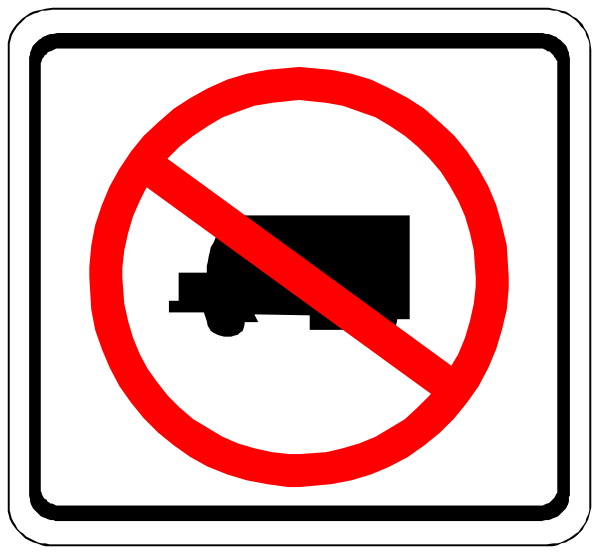 The image shows a sign with three signs on it: 1) A red circle indicating prohibition of trucks; 2) An icon depicting an actual truck in violation of that rule; 3) Another symbol for no parking, which is also not allowed here due to the presence of the "no trucks" sign. The setting appears to be a street or road where these signs are placed. There's nothing else visible besides the signs and their immediate surroundings. No people or animals can be seen in this image.