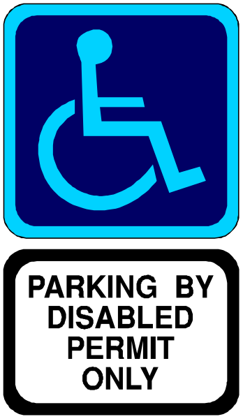 The image shows a blue handicap parking sign with an icon of a wheelchair on it next to another smaller white sign that says "Parking by disabled permit only."