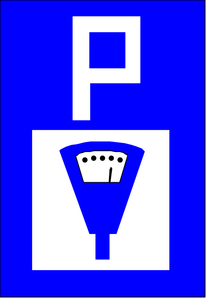 The image shows a blue parking sign with an icon of a car on it next to a white arrow pointing right towards another similar sign in front of which there is no visible text.
