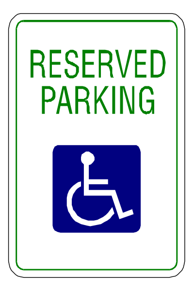 The image shows a parking sign with text that reads "RESERVED PARKING" next to an icon of a wheelchair on top right corner indicating accessible space for disabled individuals.