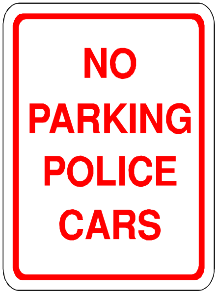 The sign says "no parking police cars". It's a warning for no unauthorized vehicles to park there.