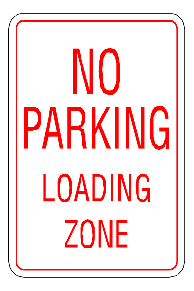 The sign says "no parking loading zone". It's a red rectangle with white text on it.