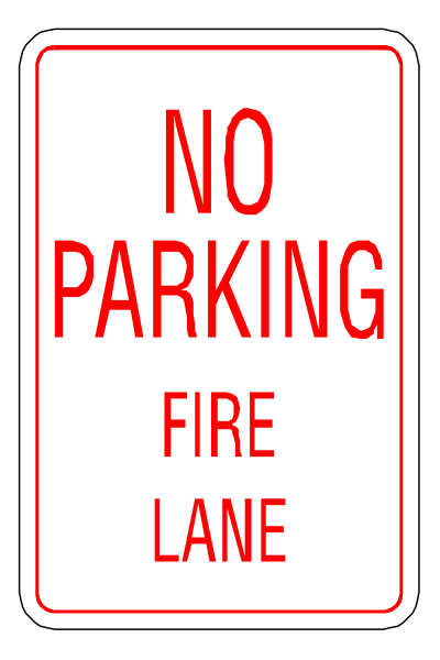 The image shows a red "no parking" sign with white text next to an arrow pointing left towards a fire lane marked by another smaller sign that reads "FIRE LANE."