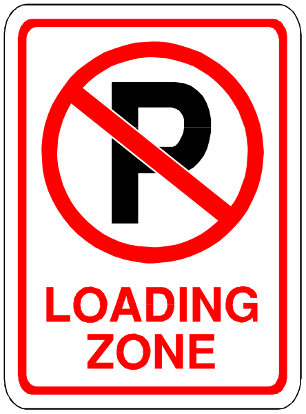 The sign says "no parking zone" with a red circle around it indicating prohibition of loading at this location.