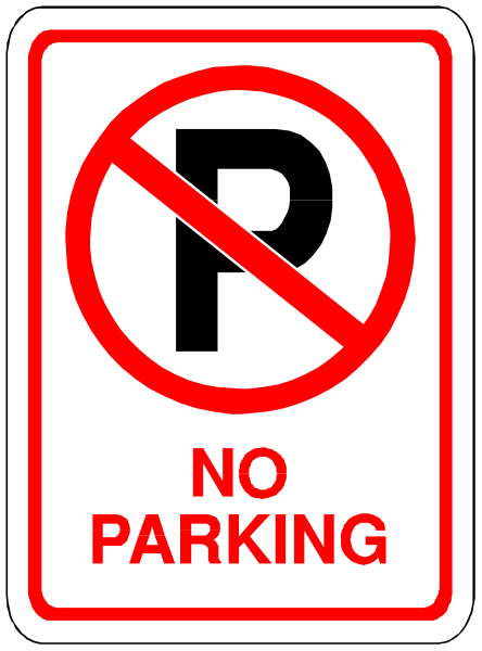The sign says "no parking". It's a red rectangle with white text on it.