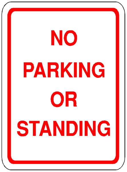 The sign says "no parking or standing". It's a warning for drivers to avoid stopping their vehicles there.