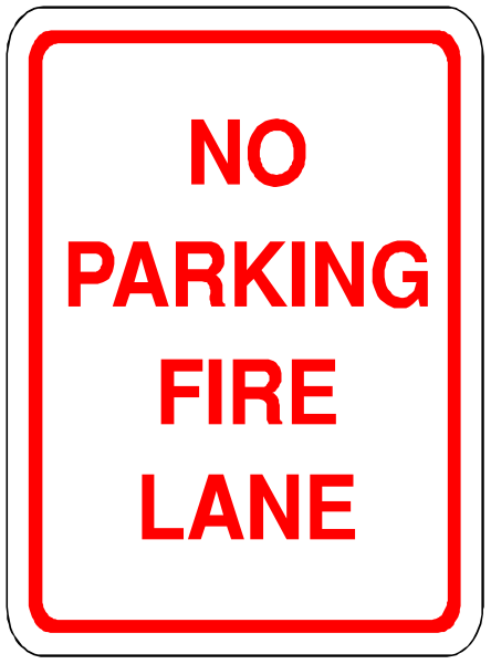 The sign says "no parking fire lane". It's a red rectangle with white text on it.