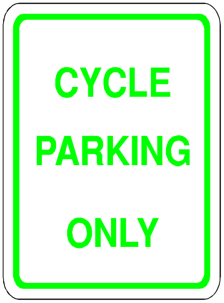 The sign says "cycle parking only" with a green arrow pointing to it on top of another white rectangle that reads "no cycle parking".
